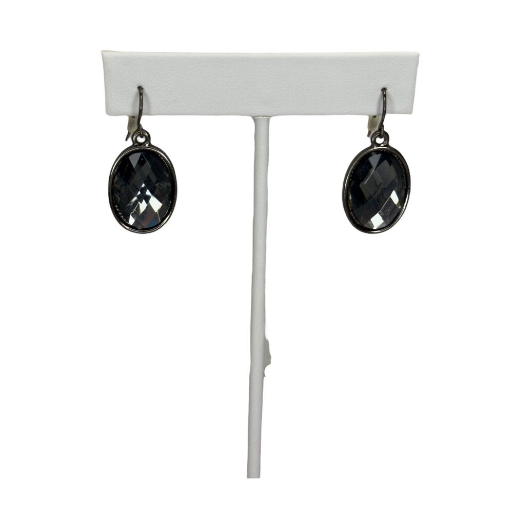 Vintage Metal Oval Faceted Stone Dangle Earrings Fish Hook Women's Jewelry - Picture 1 of 6